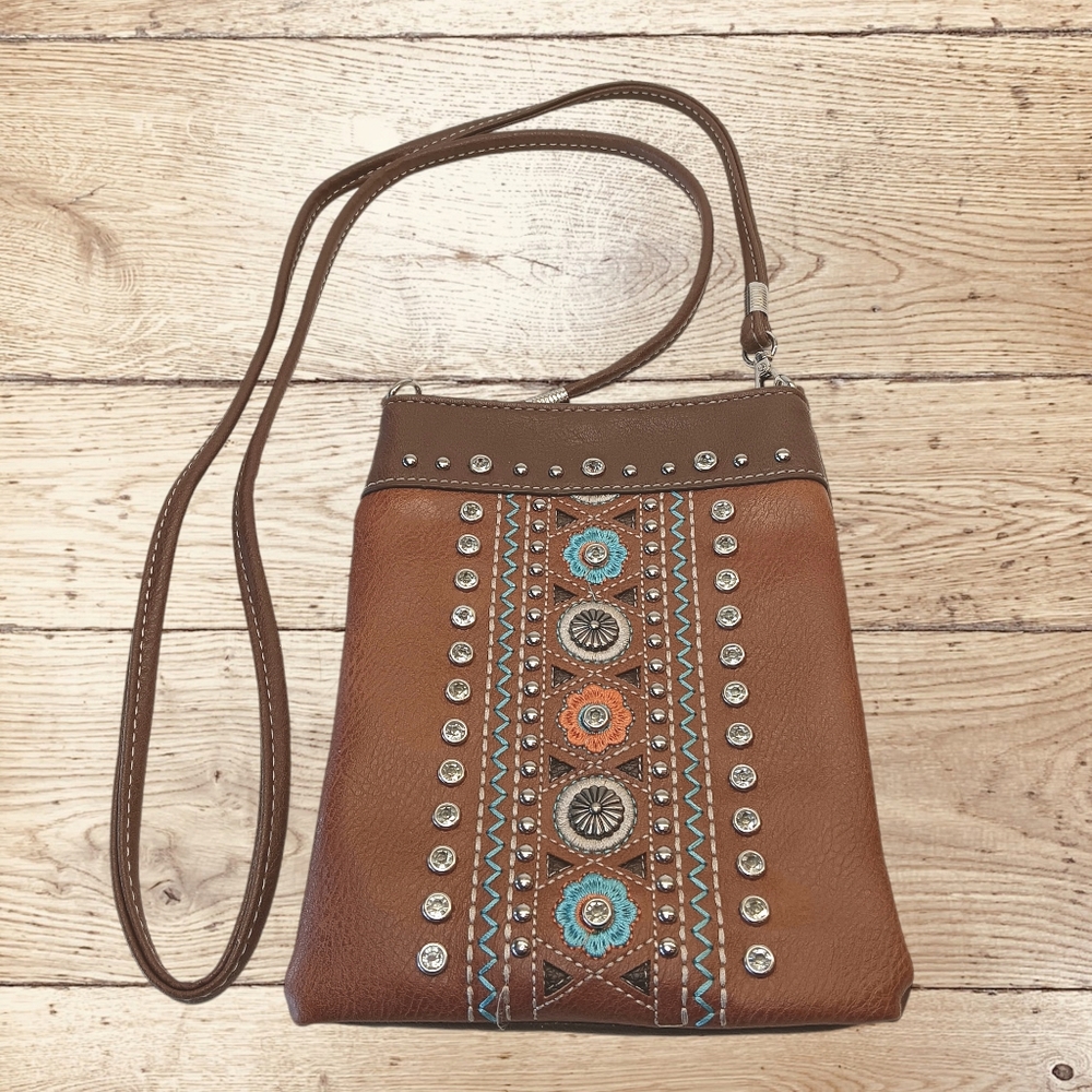 Women's OKPTA Ethnic Tan Crossbody Purse w/ Embroidery, Metal Studs & Crystals